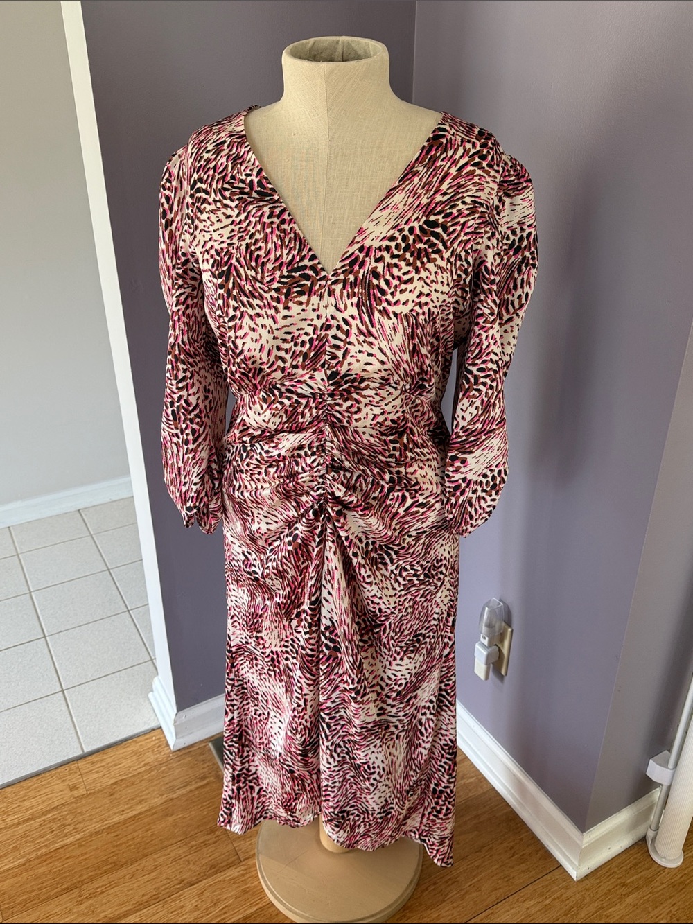 Express Pink and Cream V-Neck Midi Dress - L